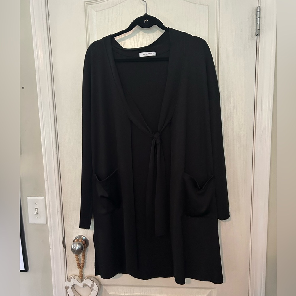 Cellabie Black Open Front Cardigan with Neck Tie